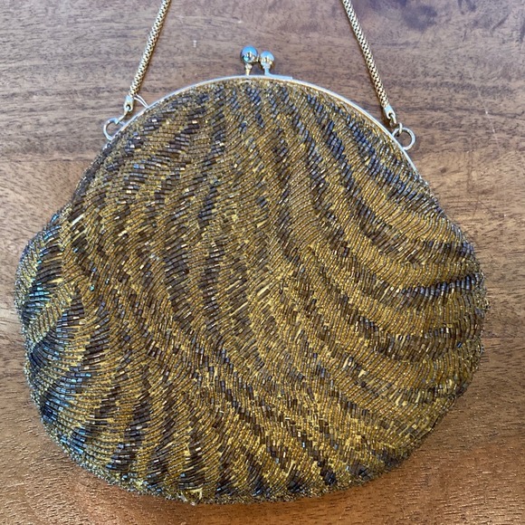 Vintage Kiss Lock‎ Elegant Gold Beaded Clutch Bag Purse Party Event Evening - Picture 2 of 12